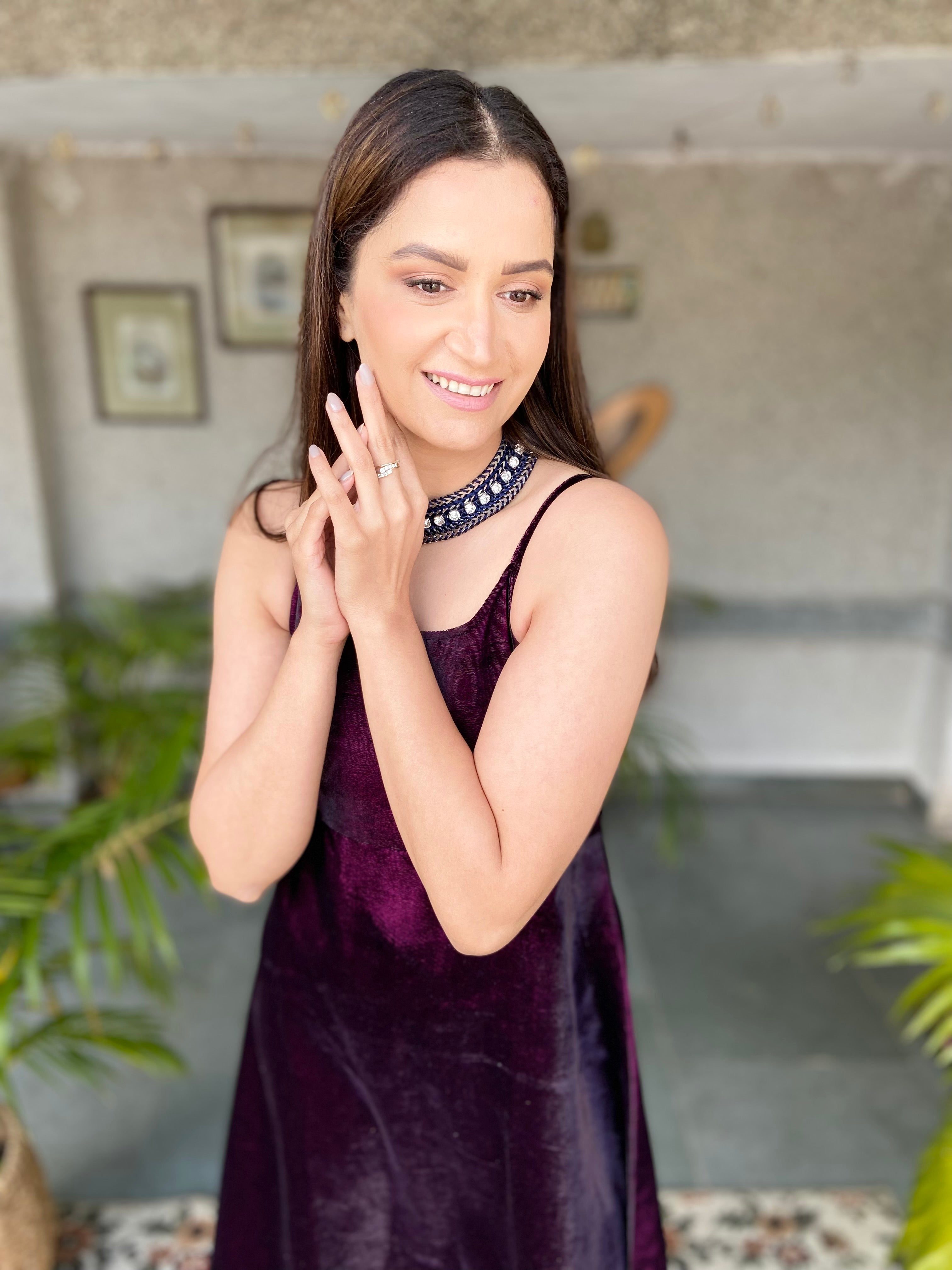 Wine Velvet Strap Dress-Regular Size