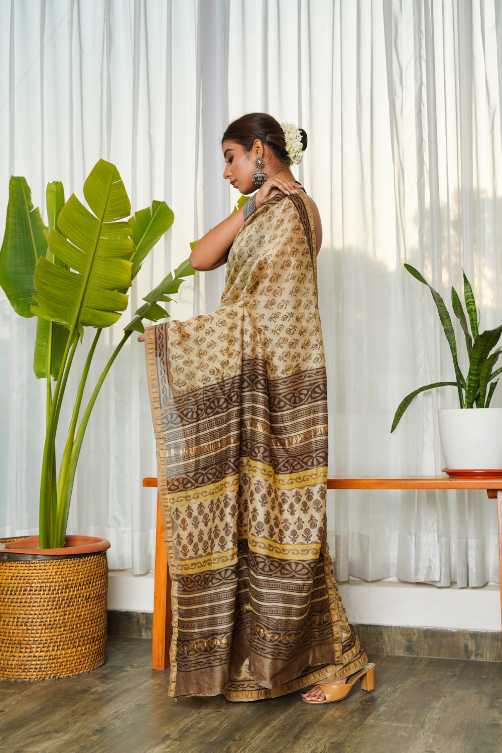Brown-Beige Ajrakh Printed Chanderi Saree
