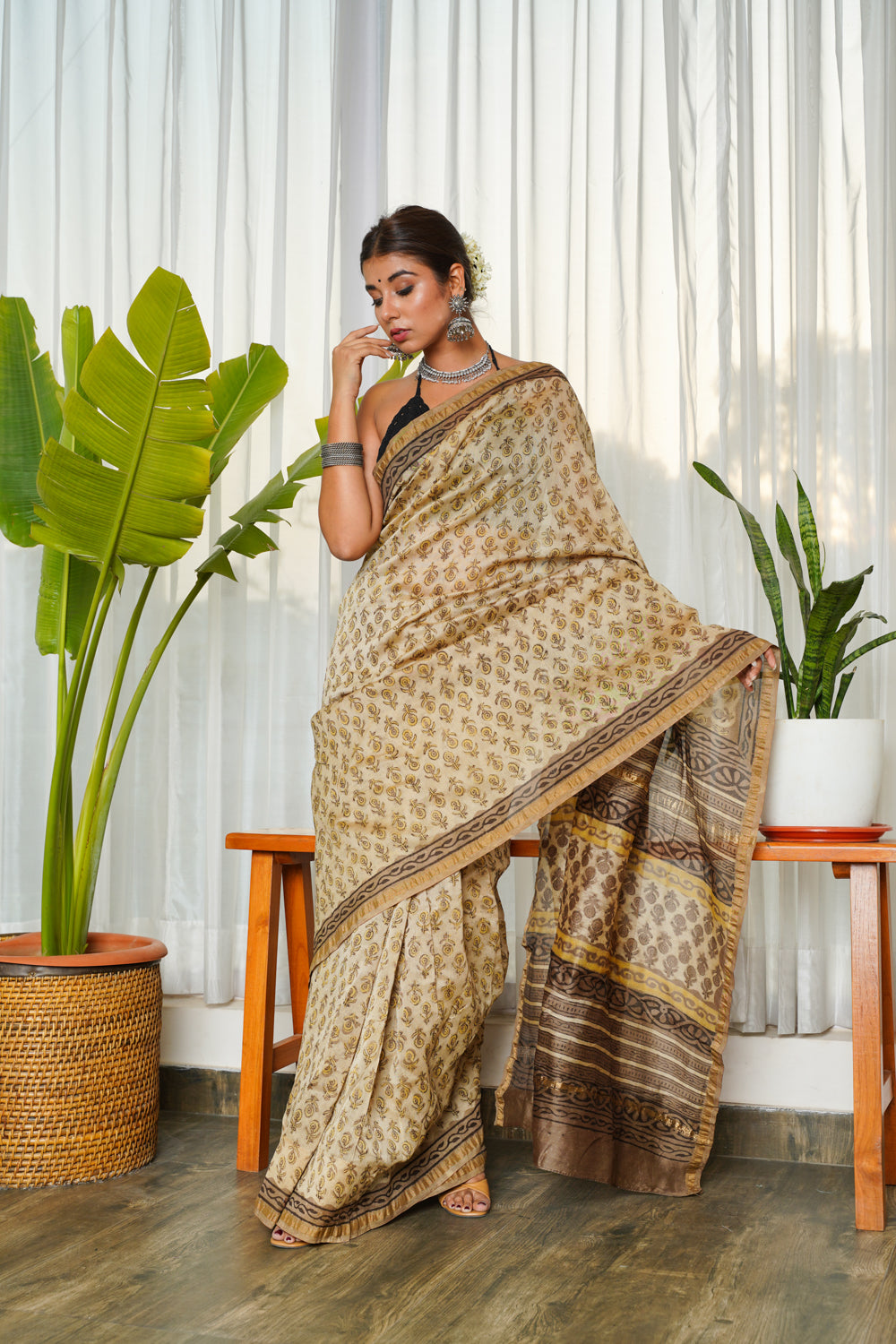 Brown-Beige Ajrakh Printed Chanderi Saree