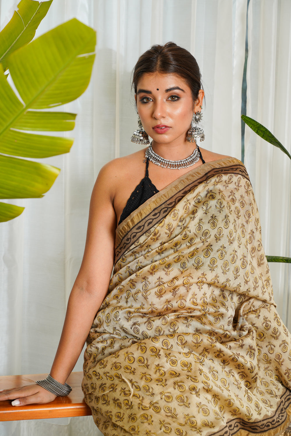 Brown-Beige Ajrakh Printed Chanderi Saree