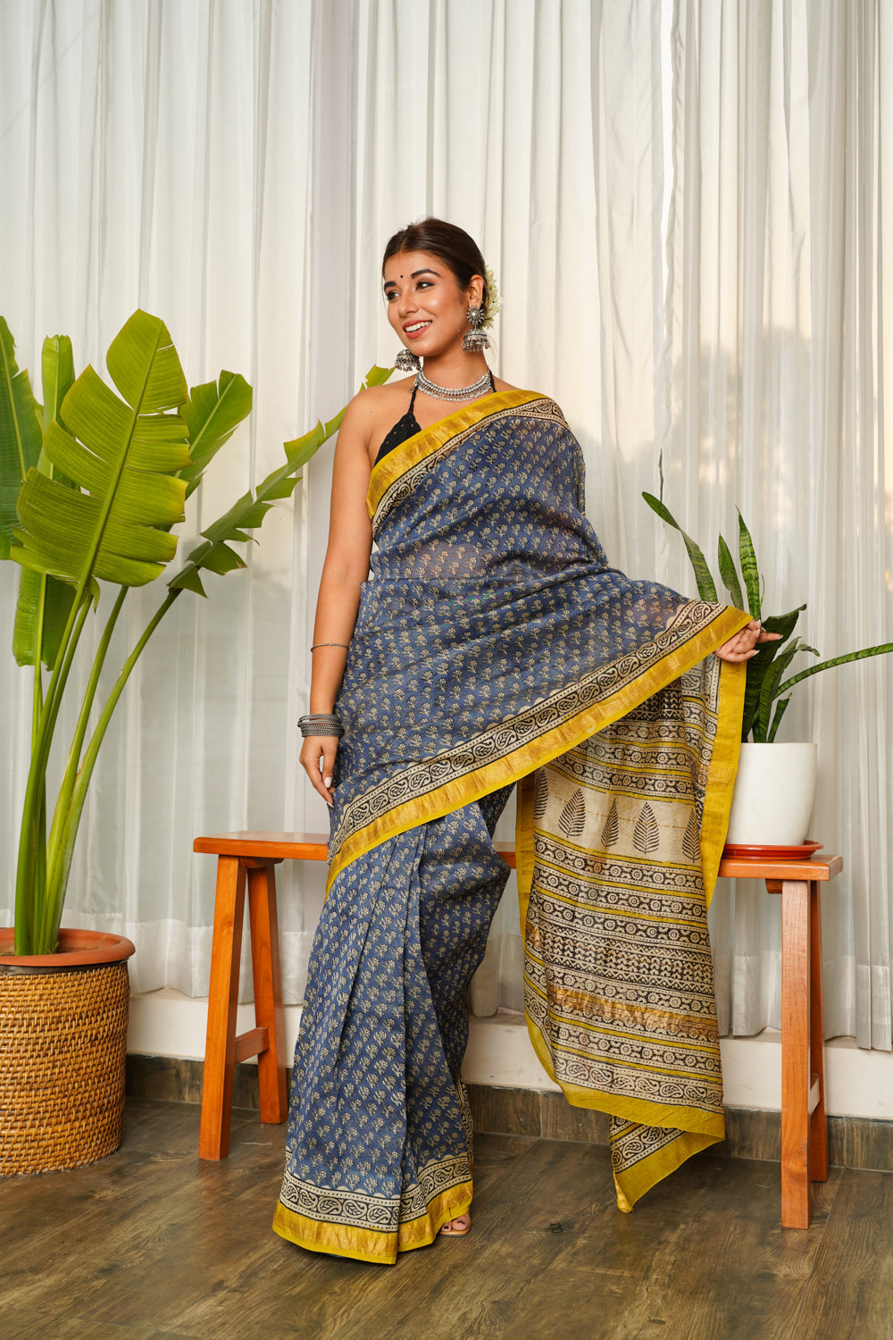 Blue Mustard Bagru Saree