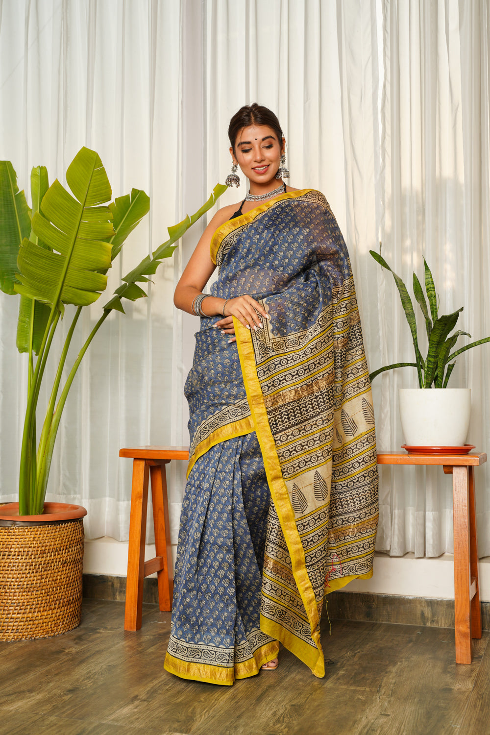 Blue Mustard Bagru Saree