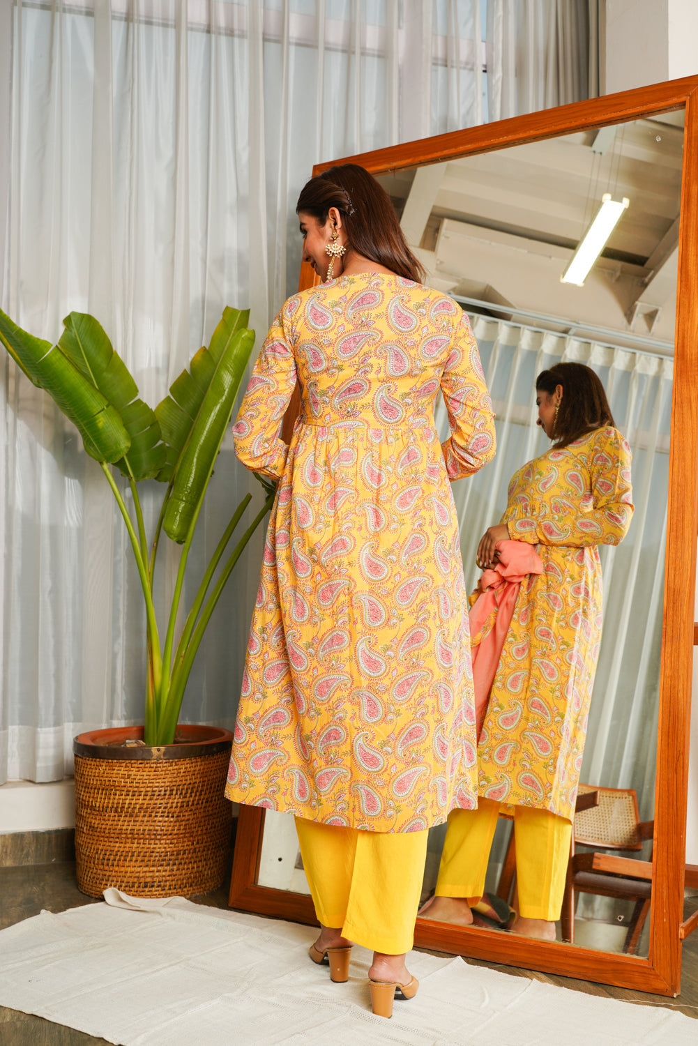 Yellow Peach Paisley Angarakha Suit Set - (Set of 3)