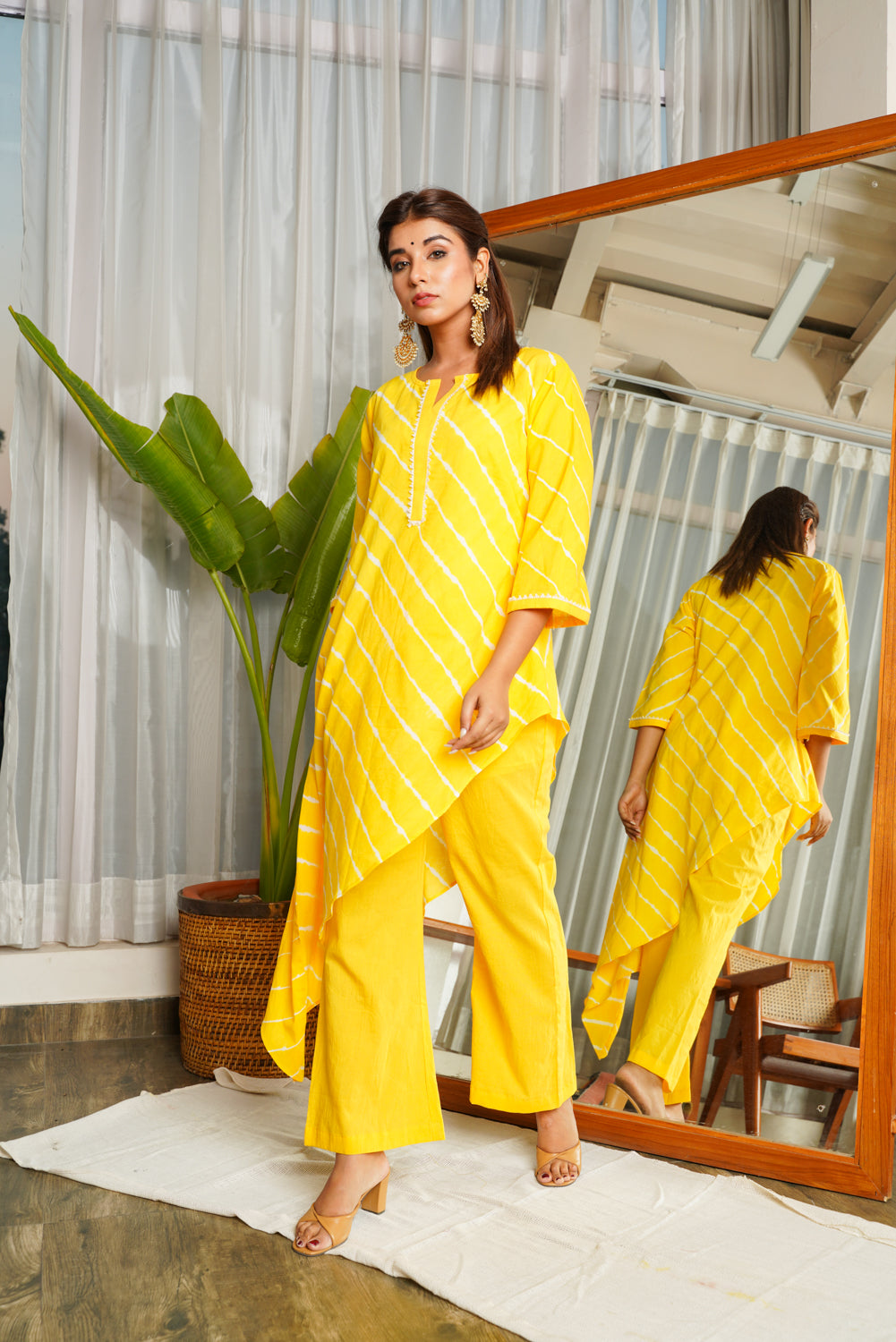 Yellow Leheriya Asymmetric Kurta Set - (Set of 2)
