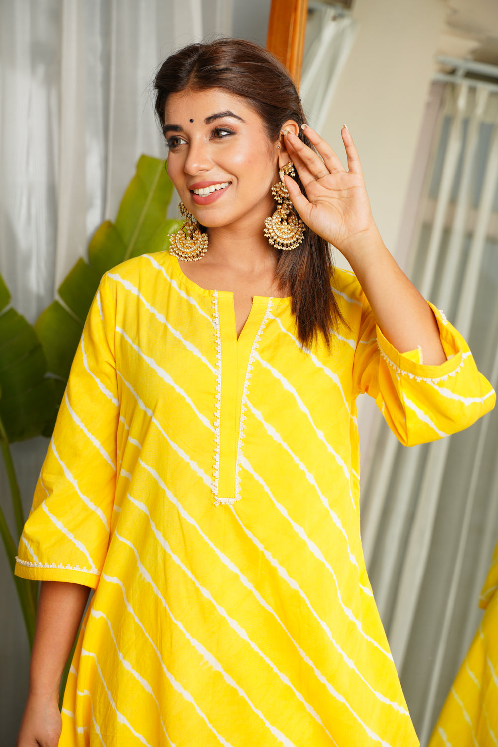 Yellow Leheriya Asymmetric Kurta Set - (Set of 2)