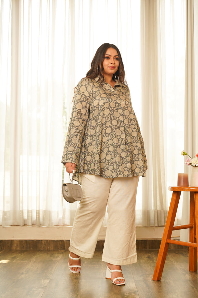 Grey Floral Printed Flared Muslin Top