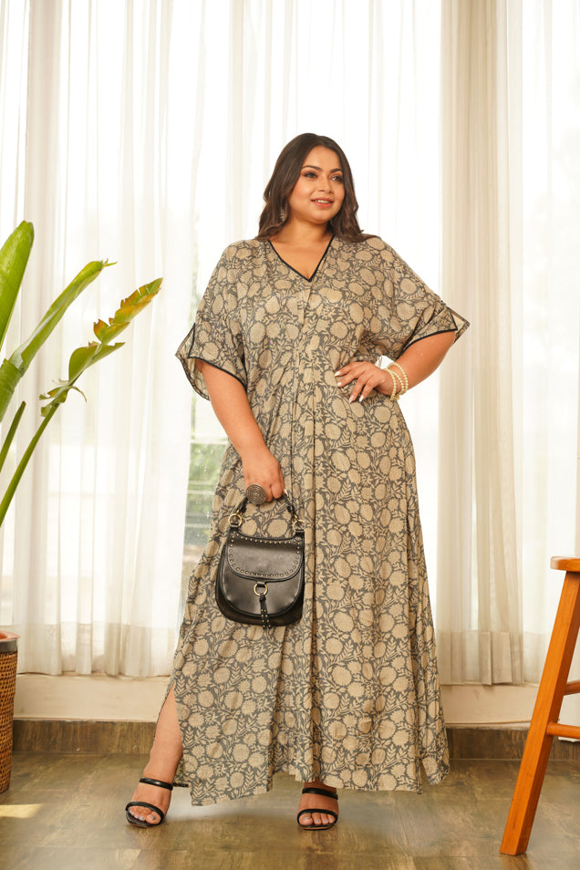 Grey Muslin V-Neck Kaftan Dress