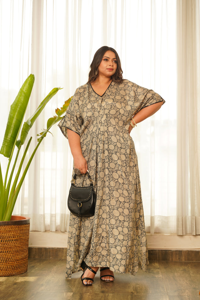 Grey Muslin V-Neck Kaftan Dress