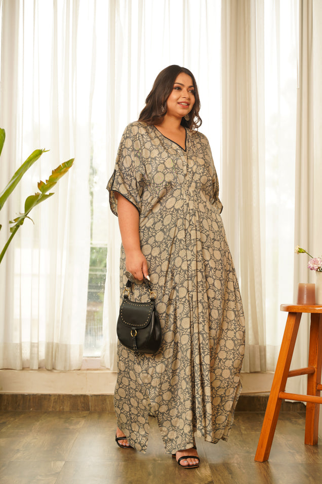 Grey Muslin V-Neck Kaftan Dress