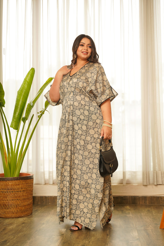 Grey Muslin V-Neck Kaftan Dress
