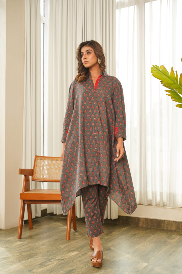 Grey Hi-Lo Collared Cotton Co-ord Set