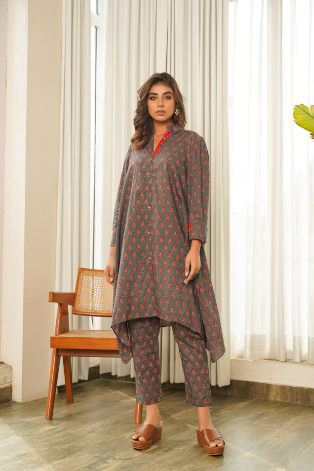 Grey Hi-Lo Collared Cotton Co-ord Set