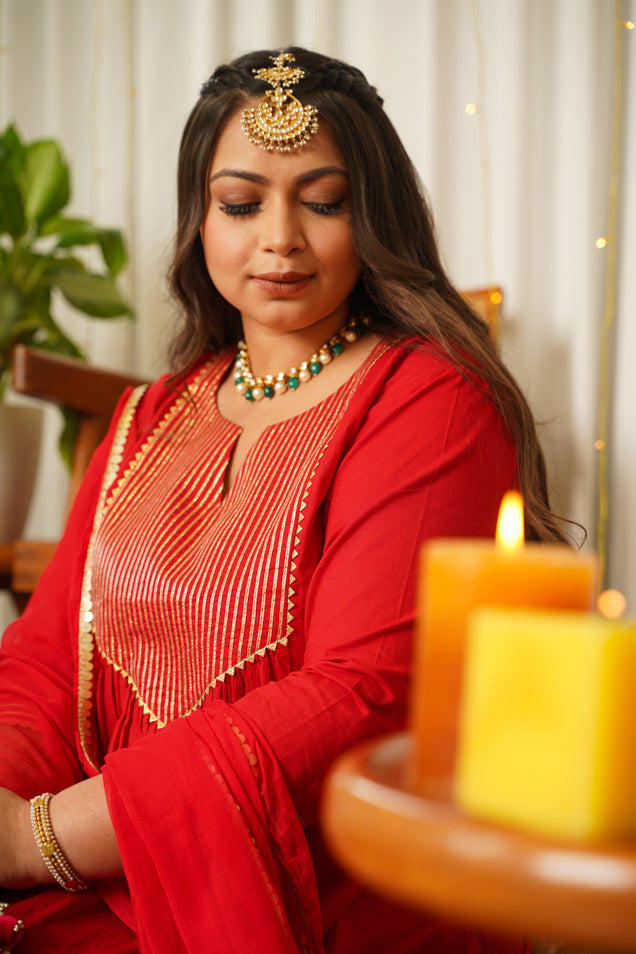 Gold and Red Embroidered Kurta Set main image 1