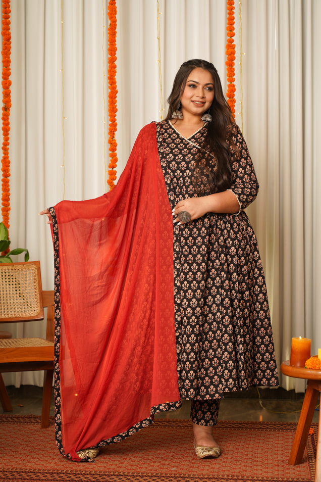 Black Block Print Cotton Angrakha Suit Set - (Set of 3)