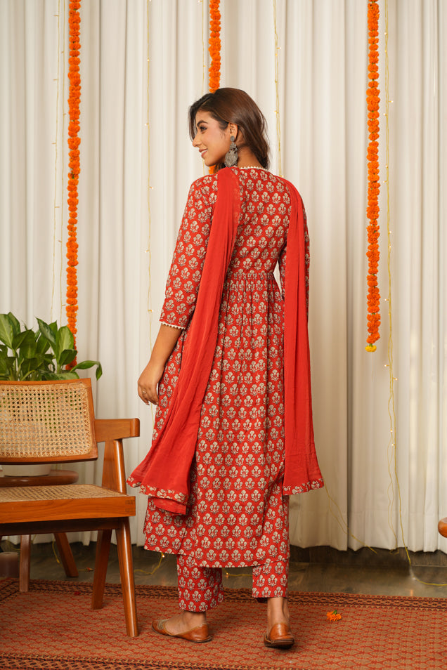 Red Block Print Angrakha Suit Set - ( Set of 3)