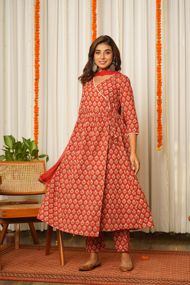 Red Block Print Angrakha Suit Set - ( Set of 3)