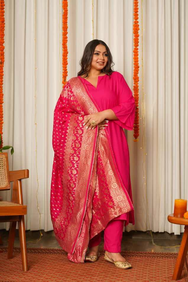 Dahna Pima Satin Fuschia Kurta Set main image 1