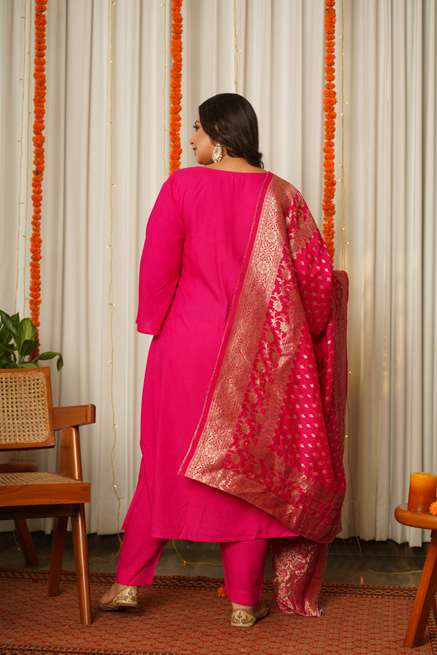 Fuschia Pink Pathani Kurta Suit Set with Benarasi Dupatta - (Set of 3)