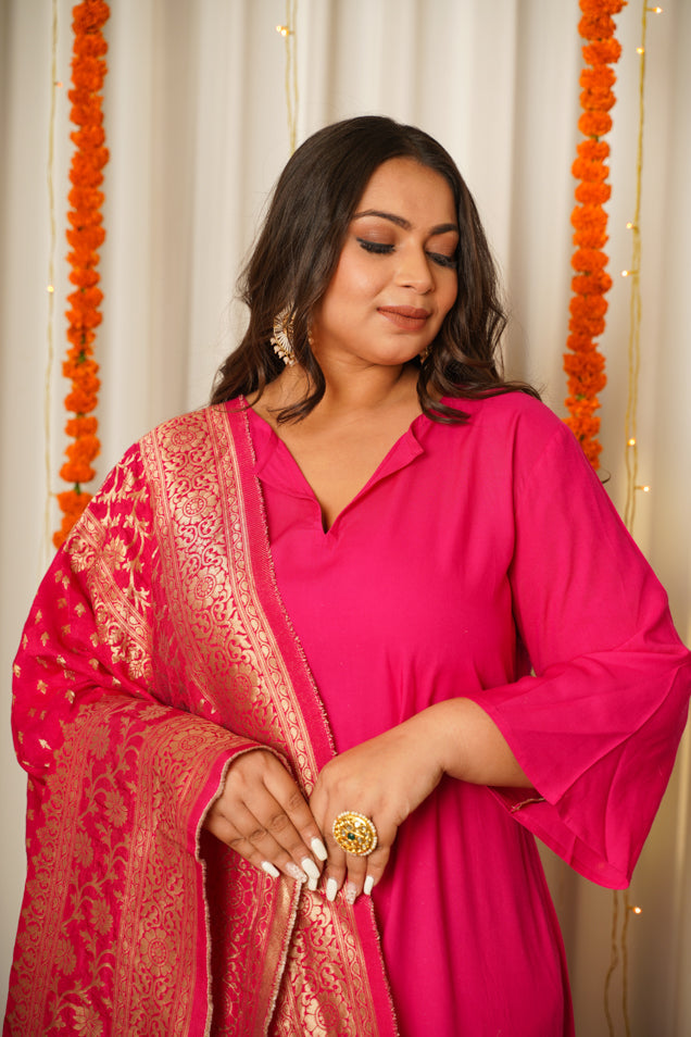 Fuschia Pink Pathani Kurta Suit Set with Benarasi Dupatta - (Set of 3)