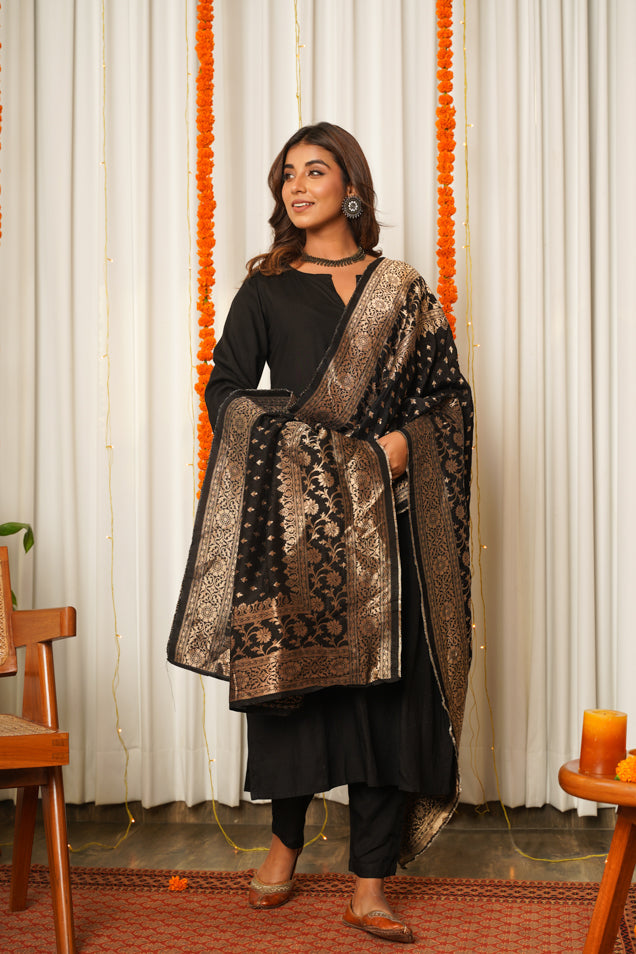 Black Paithani Kurta Suit Set with benarasi dupatta - (Set of 3)