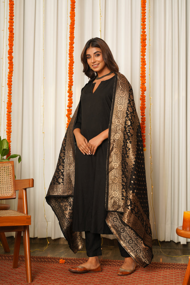 Black Paithani Kurta Suit Set with benarasi dupatta - (Set of 3)