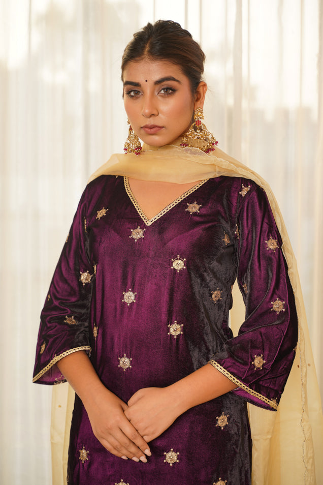 Wine Embroidered Velvet Kurta Set (Set of 3)