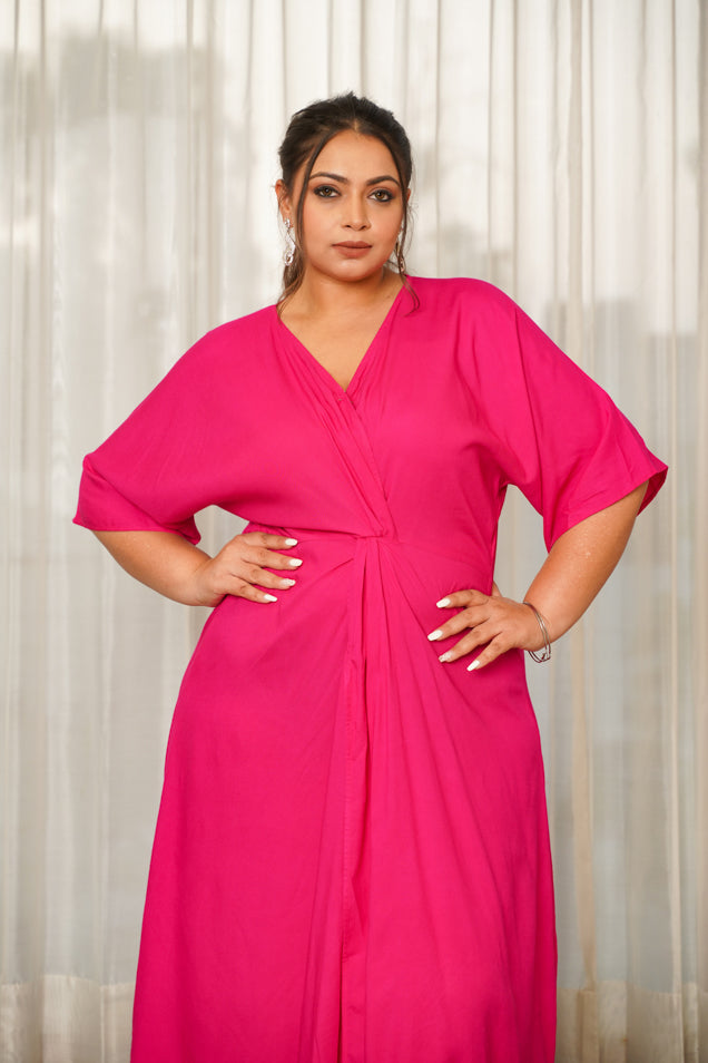 Hot Pink Front Knot V-Neck Dress