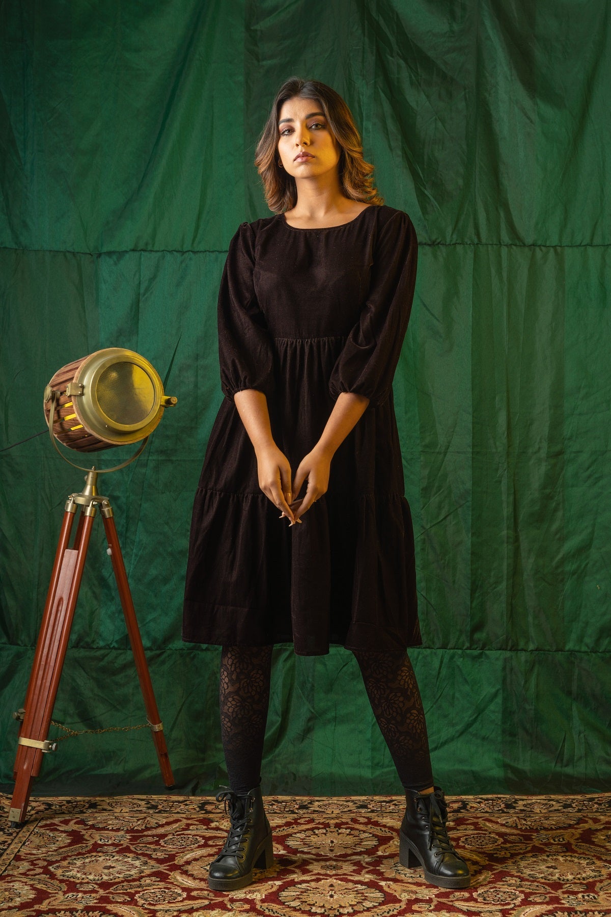 Brown Velvet Tiered Dress