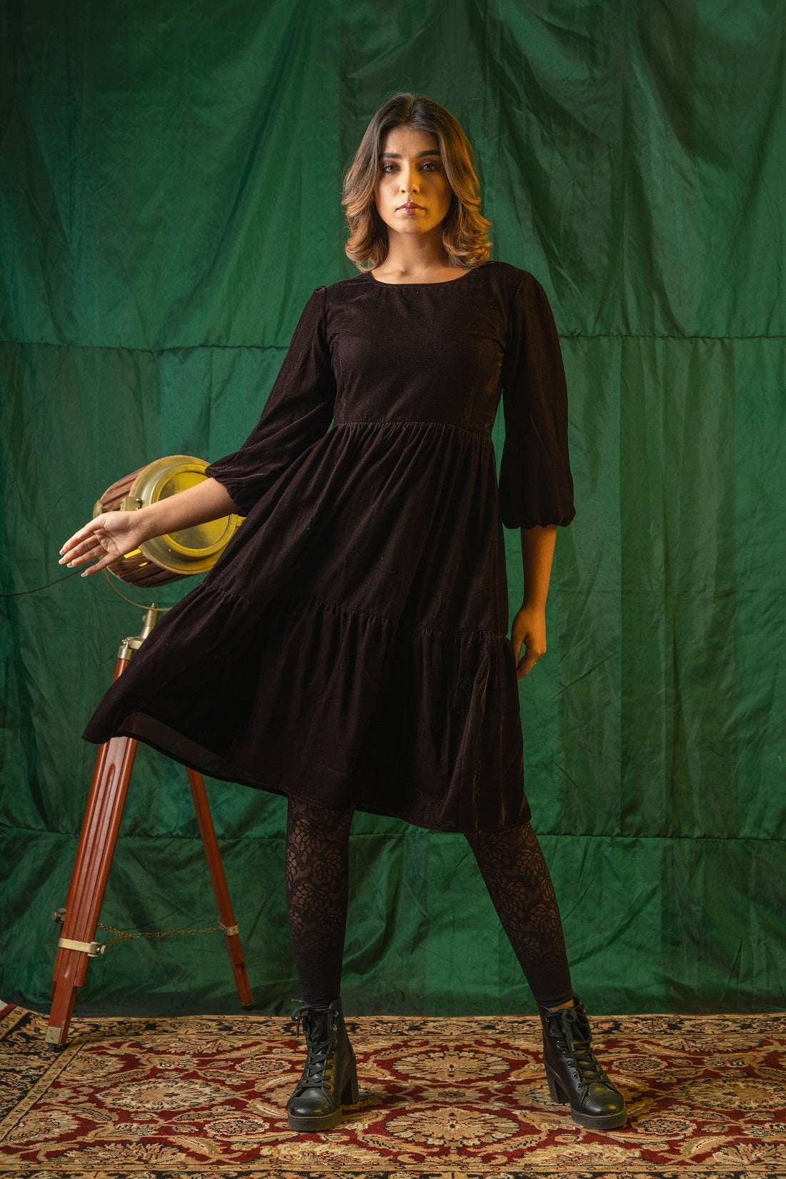 Brown Velvet Tiered Dress