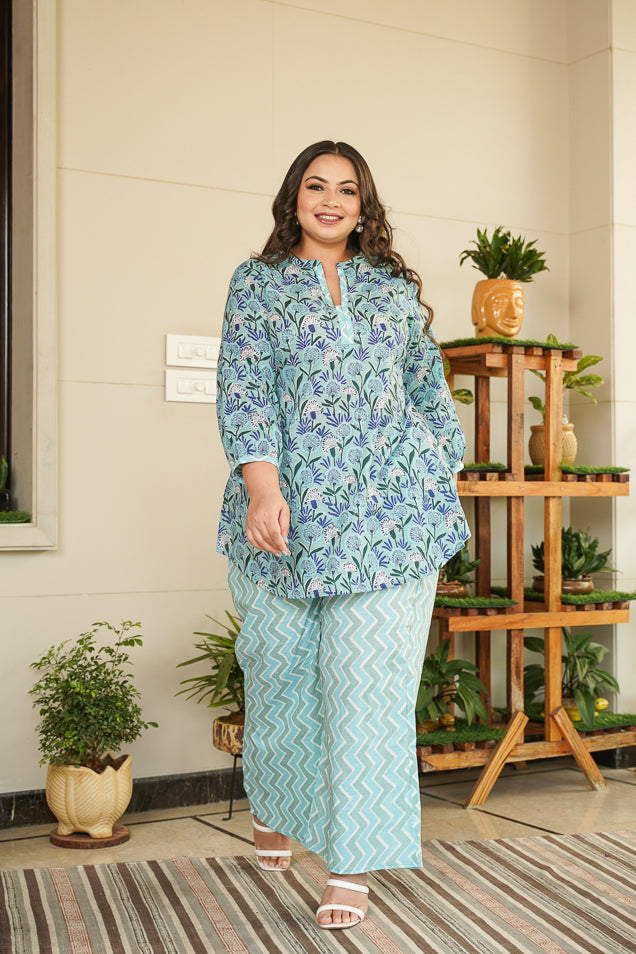 Sky blue cotton short kurta & palazzo set-Plus Size