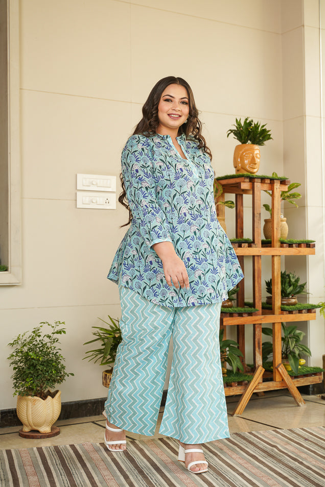 Sky blue cotton short kurta & palazzo set-Plus Size