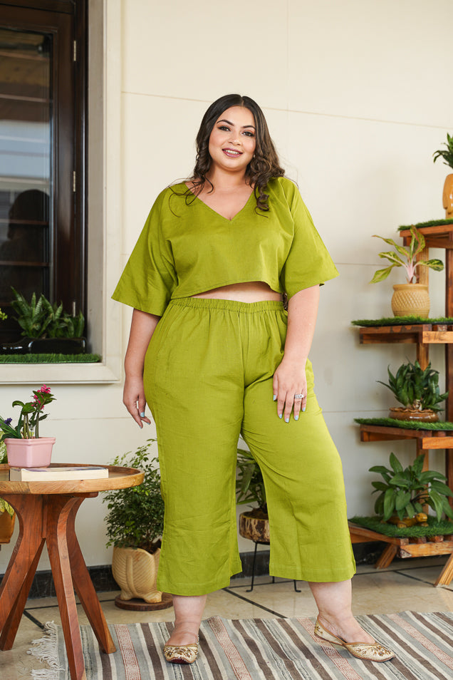 Green Solid Linen V Neck Co-Ord Set