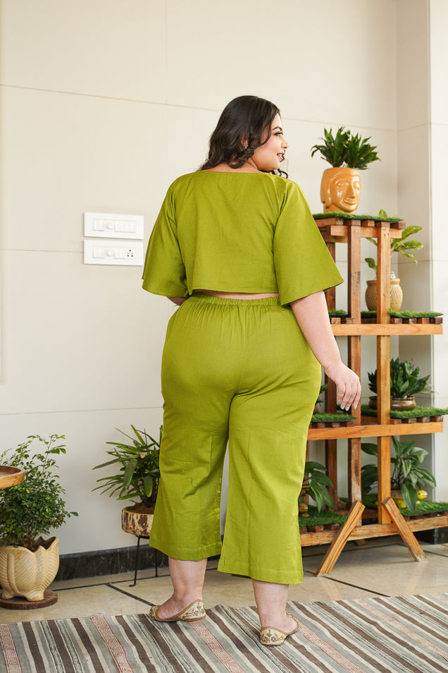 Green Solid Linen V Neck Co-Ord Set