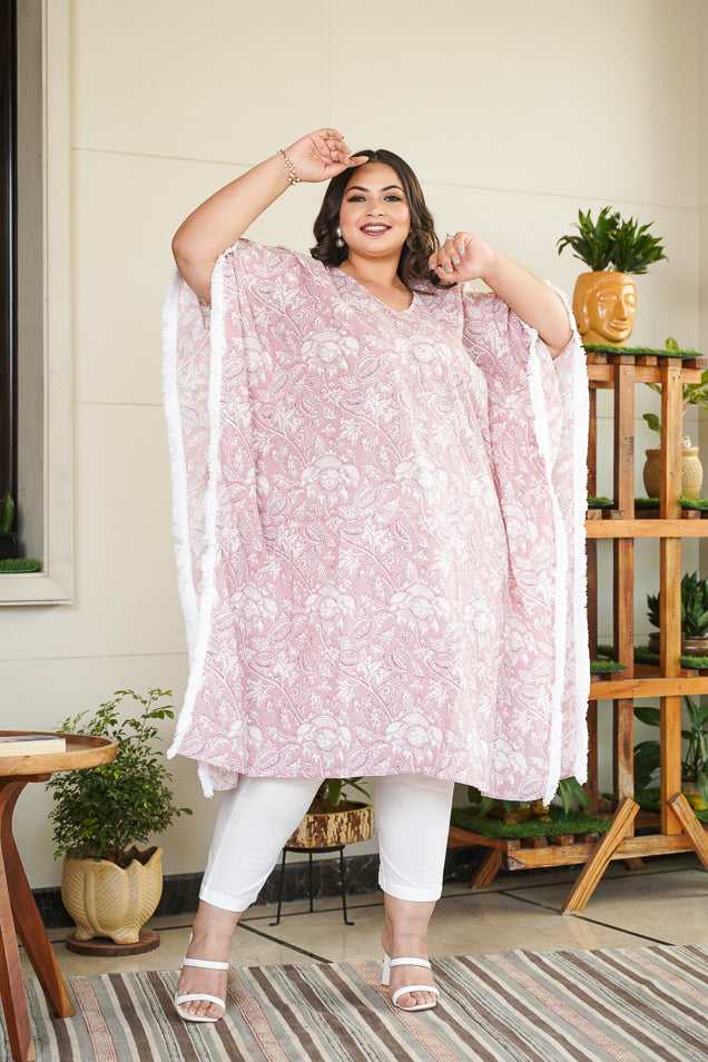 Pink Floral Kaftan Printed V-Neck Co-Ord Set - (Set of 2)