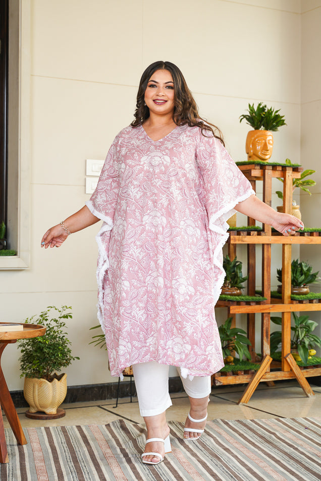 Pink Floral Kaftan Printed V-Neck Co-Ord Set - (Set of 2)