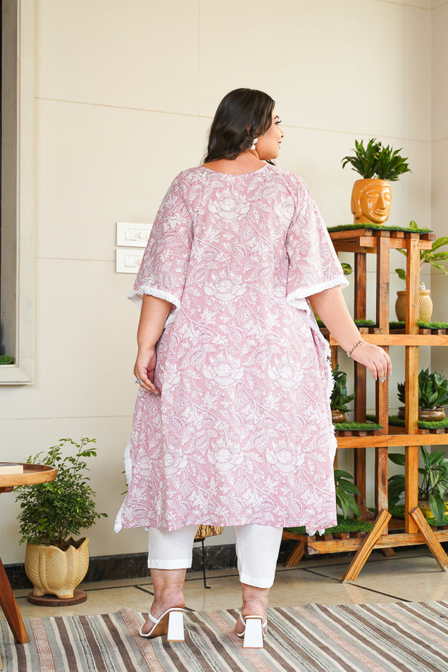 Pink Floral Kaftan Printed V-Neck Co-Ord Set - (Set of 2)