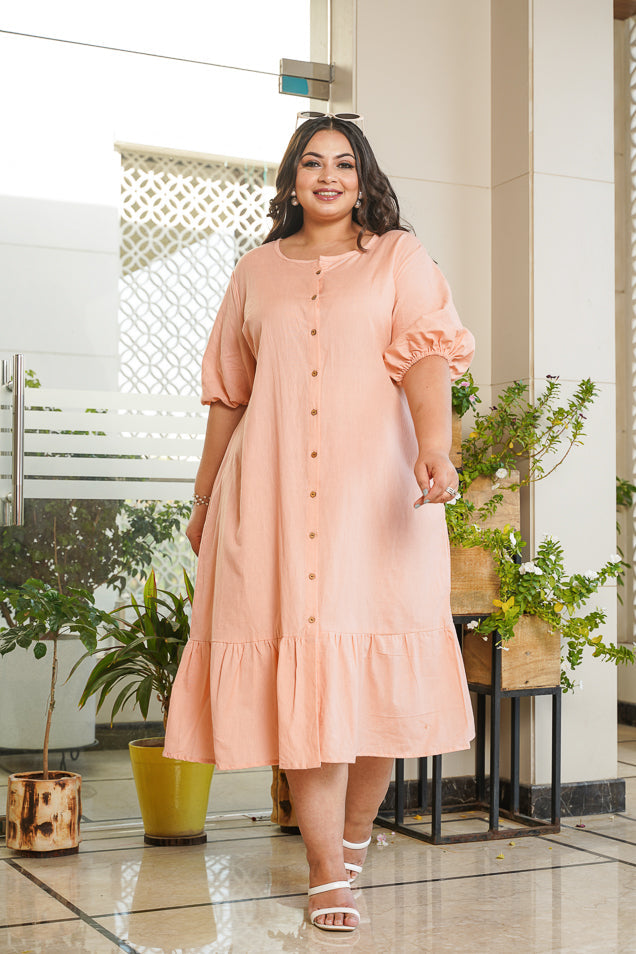 Peach Tiered Midi Linen Shirt Dress