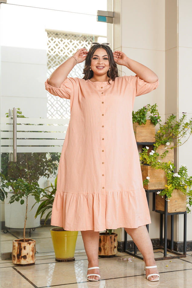 Peach Tiered Midi Linen Shirt Dress