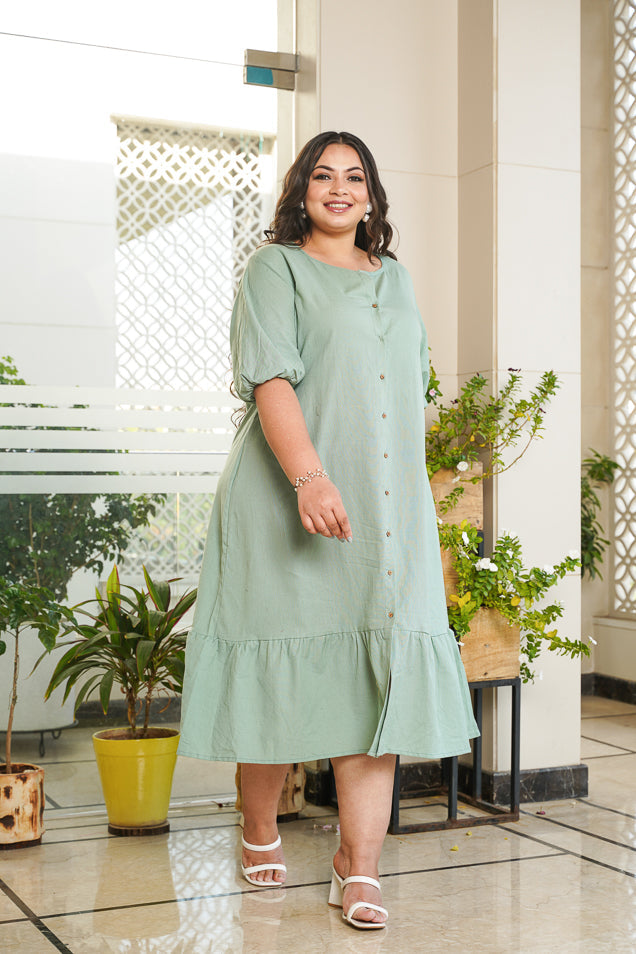 Dusty Green Tiered Linen Shirt Dress