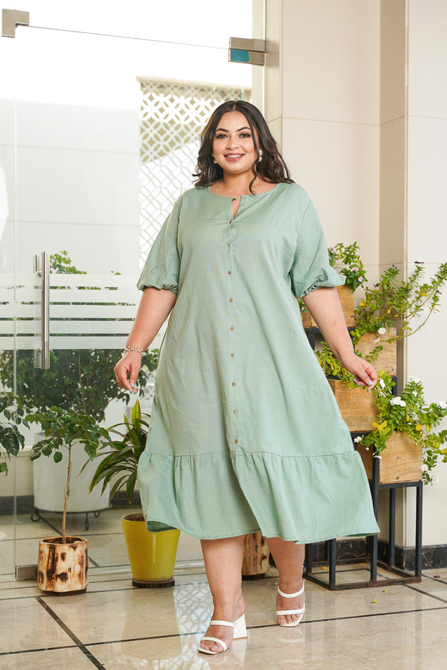 Dusty Green Tiered Linen Shirt Dress