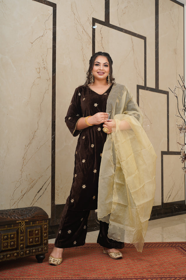 Brown Embroidered Velvet Kurta Set - (Set of 3)