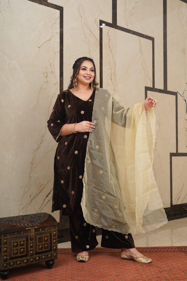 Brown Embroidered Velvet Kurta Set - (Set of 3)