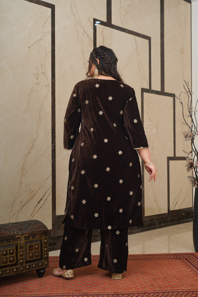 Brown Embroidered Velvet Kurta Set - (Set of 3)