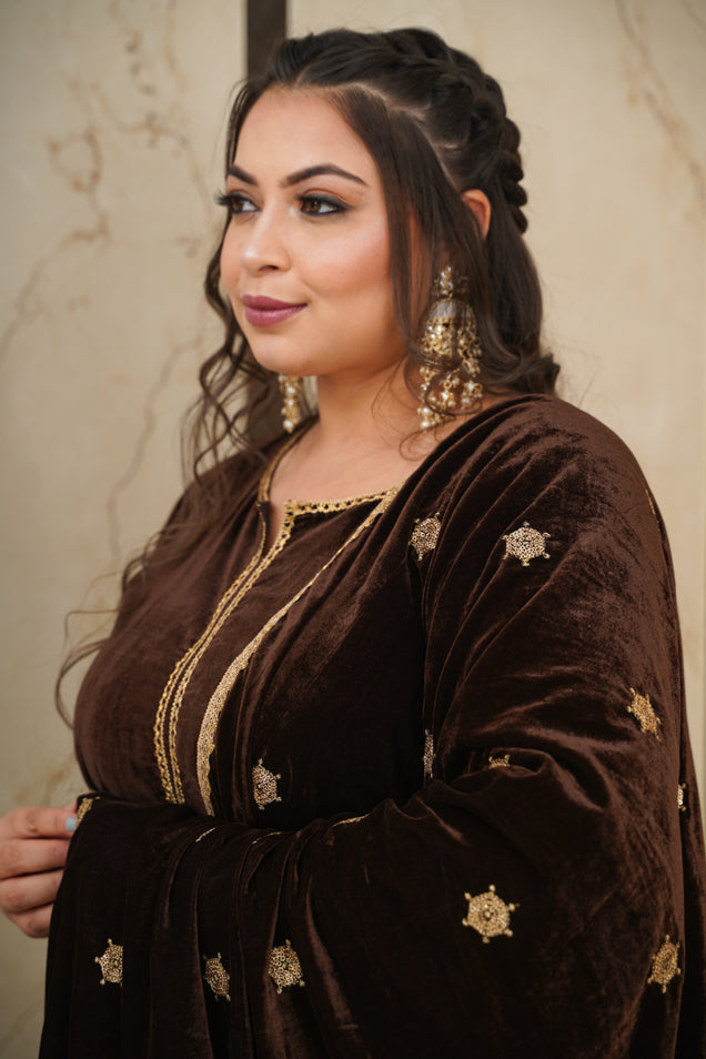 Brown Velvet Embroidered Shawl