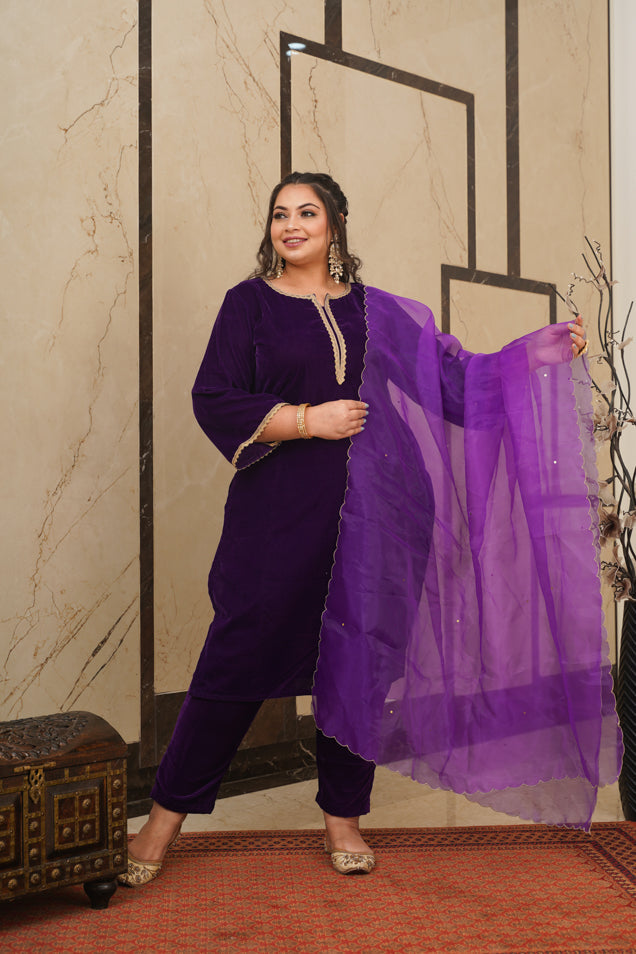 Purple Velvet Kurta Set - (Set of 3)