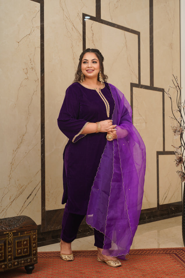 Purple Velvet Kurta Set - (Set of 3)