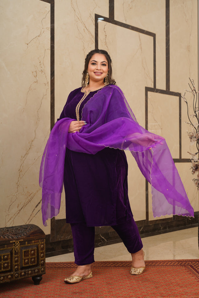 Purple Velvet Kurta Set - (Set of 3)