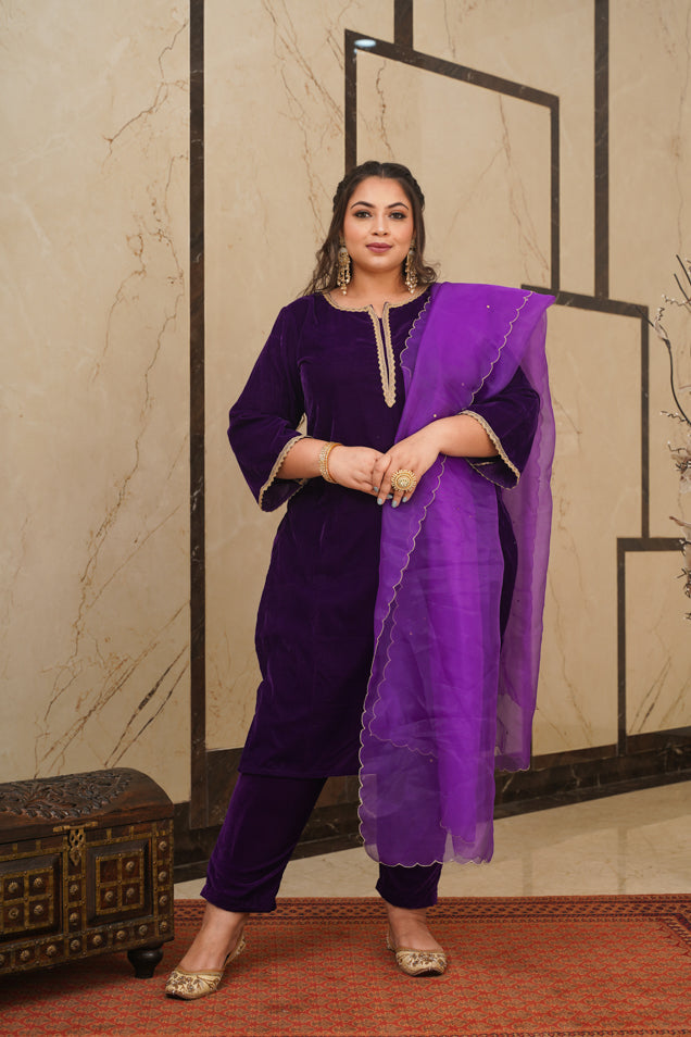 Purple Velvet Kurta Set - (Set of 3)