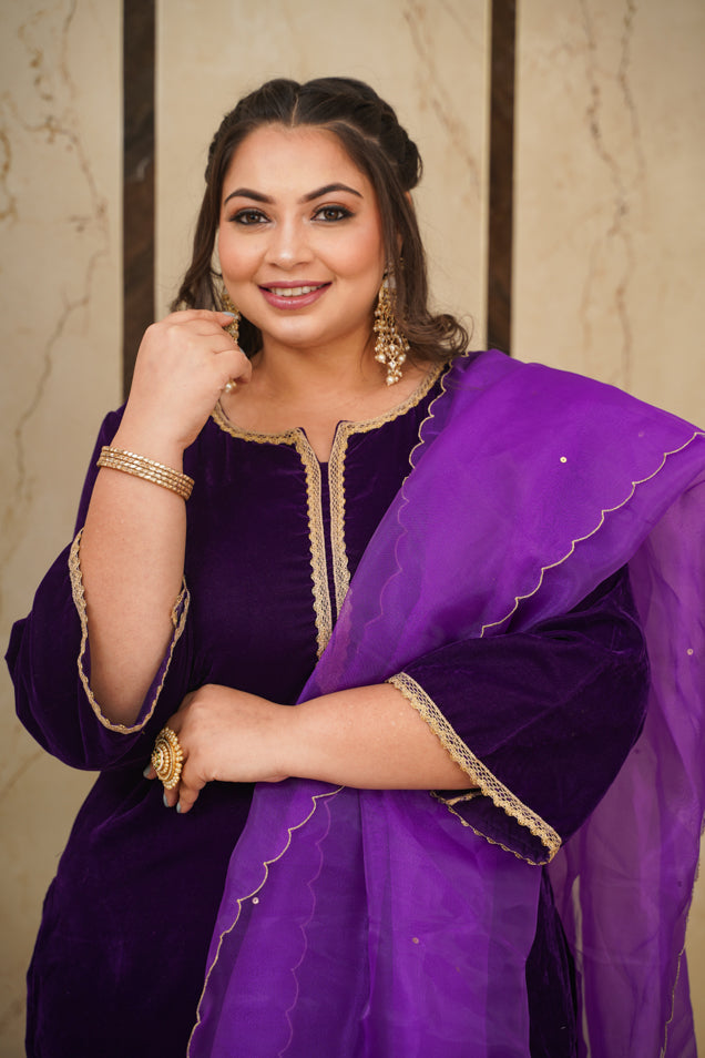 Purple Velvet Kurta Set - (Set of 3)