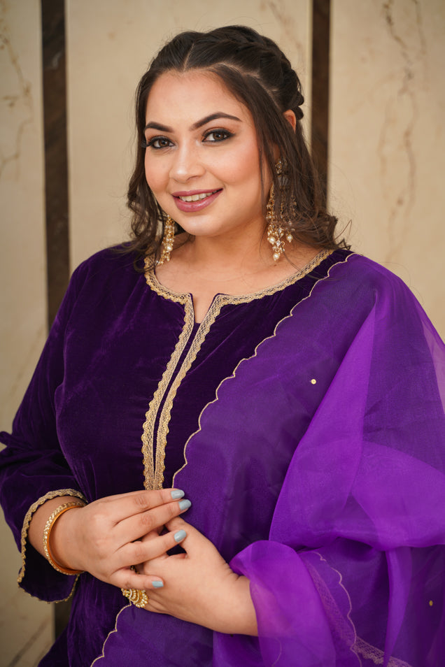 Purple Velvet Kurta Set - (Set of 3)